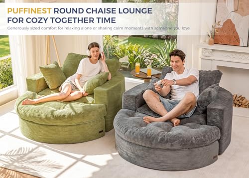Image of MAXYOYO Modular Sectional Chaise Lounge Sofa, Round Upholstered Lounge Chair with Ottoman, Comfy Couch with Layered Cushion, Tufted Chair for Living Room, No Assembly, Green
