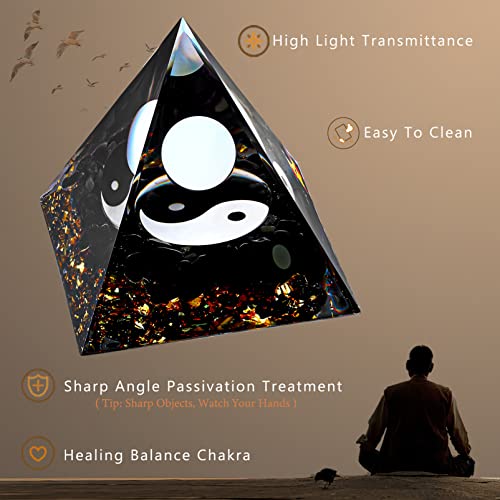 FENGSHUI-CAISHEN Yin Yang Healing Crystal Orgonite Pyramid - Tai Chi with Obsidian Opal Ball - Taiji Reiki Chakra Meditation Desktop Paperweights Decor - Image 6