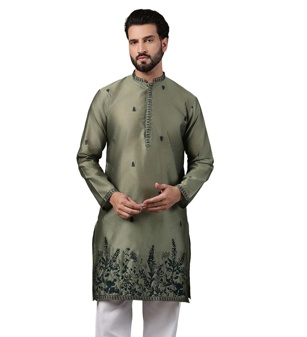 sojanya (Since 1958 Men’s Jacquard Silk Long Kurta with Embroidered Leaf Daman-picture-23
