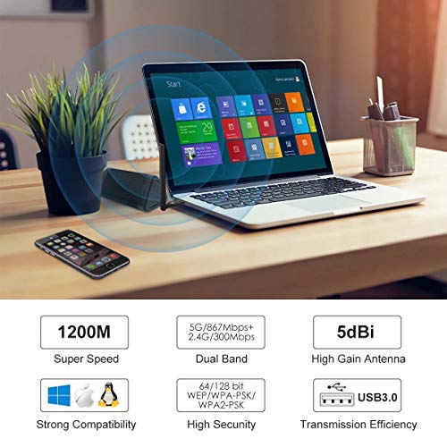 USB WiFi Adapter 1200Mbps USB 3.0 WiFi Dongle 802.11 AC Wireless Network Adapter with Dual Band 2.4GHz/300Mbps 5.8GHz/866Mbps 5dBi High Gain Antenna for Desktop Windows - Thumbnail 6