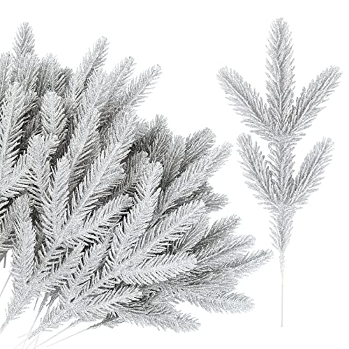 VINFUTUR 24pcs Ramas de Pino Artificial de Navidad Ramas de Pino y Abeto Artificiales Plateadas Adornos Navideños Nevado Accesorios Decorativos para Árbol Navidad Corona