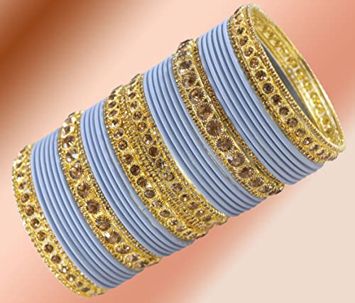 Image of NMII Non-Precious Metal Base Metal and Studded Zircon Gemstone and Matte Finish Worked Bangle set for Women /Girls