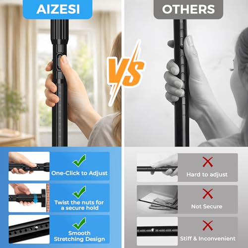 Image of AIZESI 41-124 Inch Heavy Duty Tension Curtain Rod - No Drilling, Adjustable, Rust-Resistant for Outdoor, Living Room, Window, Bathroom (Black, 41 inch to 124 inch|2PACK)