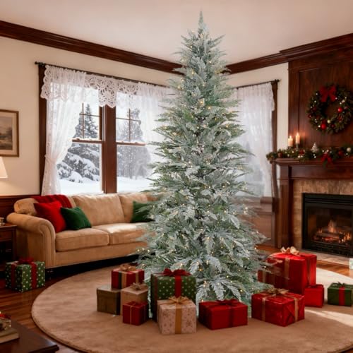 7.5ft Pre-Lit Artificial Cedar Christmas Tree, Snow Flocked Effect with 450 White & 734 Branch Tips...