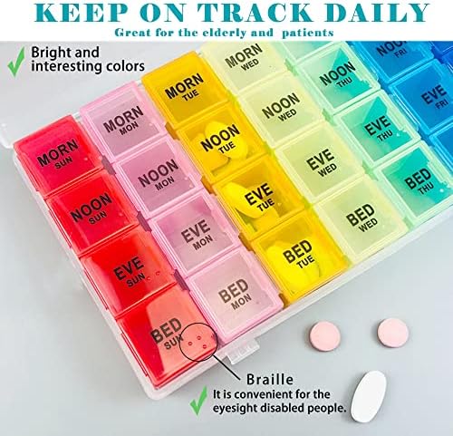 Weekly Pill Box Organiser, High Capacity Pill Box 7 Day 4 Times A Day, Pill Organiser with 28 Copartments to Hold Plenty of Medication, Vitamins and SupplementsColour