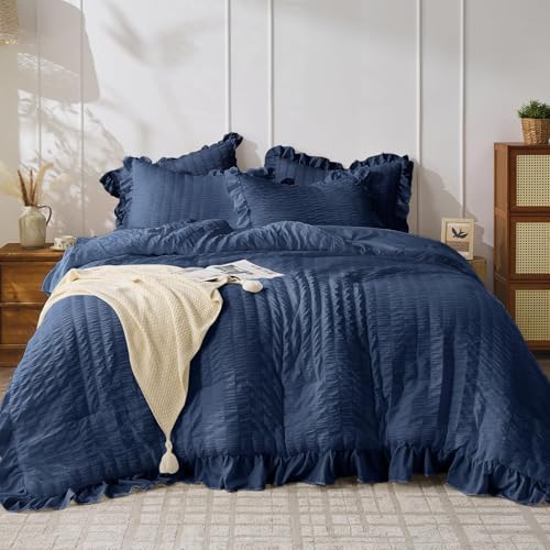 JOLLYVOGUE Navy Blue Comforter Full Size, 3 Pieces Seersucker Lightweight Full Size Bedding, All Season Fluffy Microfiber Bedding Comforter Set with 1 Ruffle Comforter and 2 Ruffle Pillowshams