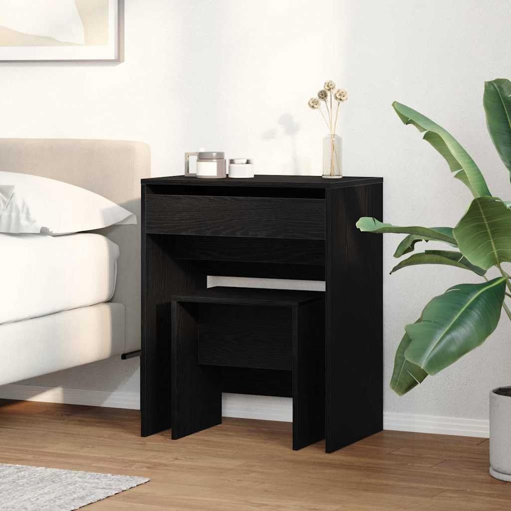 Schminktisch Schwarz Eichen-Optik 60 x 40 x 75 cm Holzwerkstoff mit ausziehbaren Schubladen, moderner minimalistischer Make-up Tisch für Schlafzimmer, pflegeleichte glatte