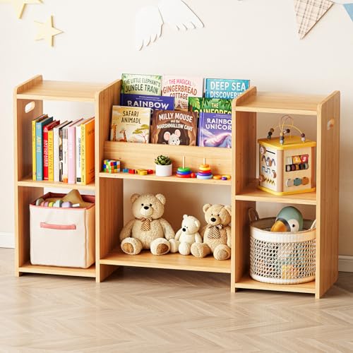 SpaceAid 6-in-1 Bookshelf Storage Organizer Montessori Bookcase for Toddlers Wooden Book Rack Shelf Cabinet Furniture for Kids Rooms Playroom Nursery and Classroom 45.6 Wide Natural