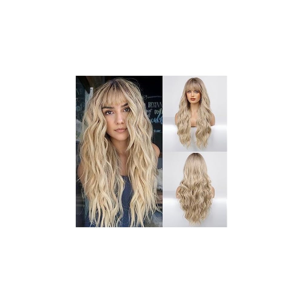 HAIRCUBE Ombre Blonde Wig Long Curly Wig with Bangs Natural Appearance Heat-Resistant Synthetic Wig Suitable for Fashionable Women