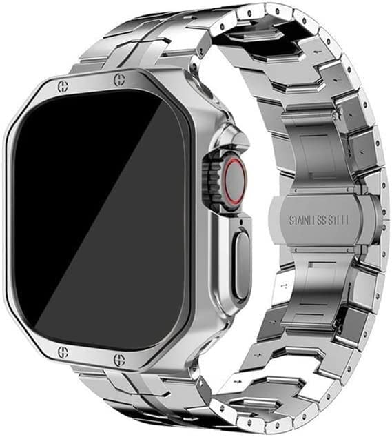 – Solid Stainless Steel Watch Case and Band Strap，For Apple Watch Ultra 49mm 45mm 41mm 42mm 44mm 40mm，Metal Butterfly Closure TPU Watch Cover，For Iwatch 8 7 6 5 4 SE 3 2 1 Series