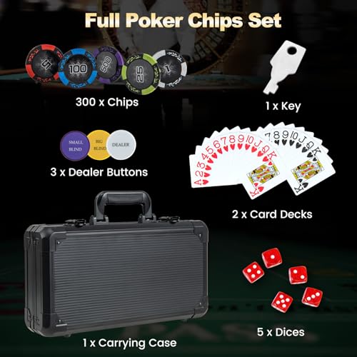 HOMASIS Pokerset mit 300 Laser-Chips, Poker Koffer mit 2 Kartendecks, 5 Würfeln, 3 Dealer Button, abschließbar Pokerkoffer aus Alu mit 2 Schlüsseln, Poker Komplett Set für Partys, Kasino (300 Chips) – Bild 4