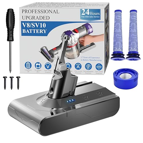 Professional 8500mAh V8 Battery Replacement for Dyson V8 Animal Absolute Motorhead Fluffy Handheld/Stick Cordless Vacuum Cleaner Li-ion 215681 SV10 967834 05 Battery 3 Filters and 3 Screws Included
