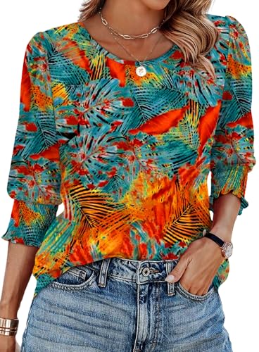 Image of XIEERDUO Blouses for Women Dressy Casual 3 /4 Length Sleeve Womens Tops with Smocked Cuffs