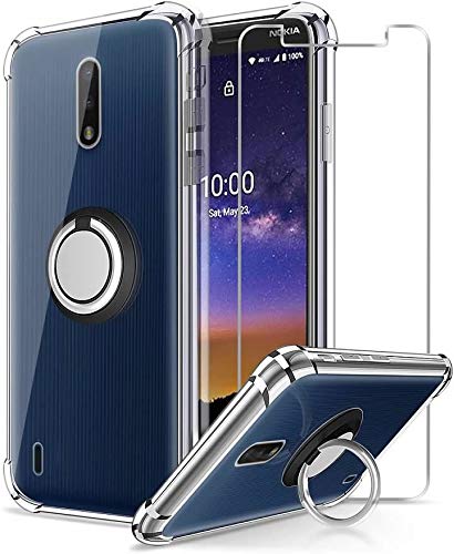 Nokia C2 Tava Case,Nokia C2 Tennen Case with Tempered Glass Screen Protector Soft Shockproof Protective Phone Case Cover with 360 Degree Rotating Holder Kickstand for Nokia 2 V Tella, Crystal Clear