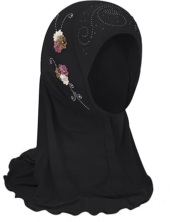RUIXIA Muslim Hijab with Lace Applique Flower Rhinestones Islamic Prayer Turban Head Wrap Shawls for Little Girls Age 2-7Y