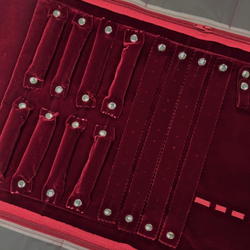 Image of UnionPlus Travel Jewelry Roll Organizer Multiple Compartments, Burgundy