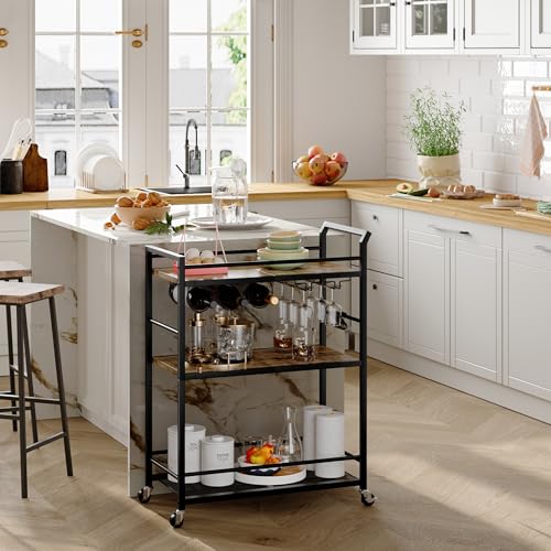 Image of 3 Tier Bar Cart, Small Beverage Cart, Mini Bar Cart with Wine Rack, Home Bar Serving Cart with Wheels for Kitchen Dining Living Room (Rustic Brown, General) GBC507R