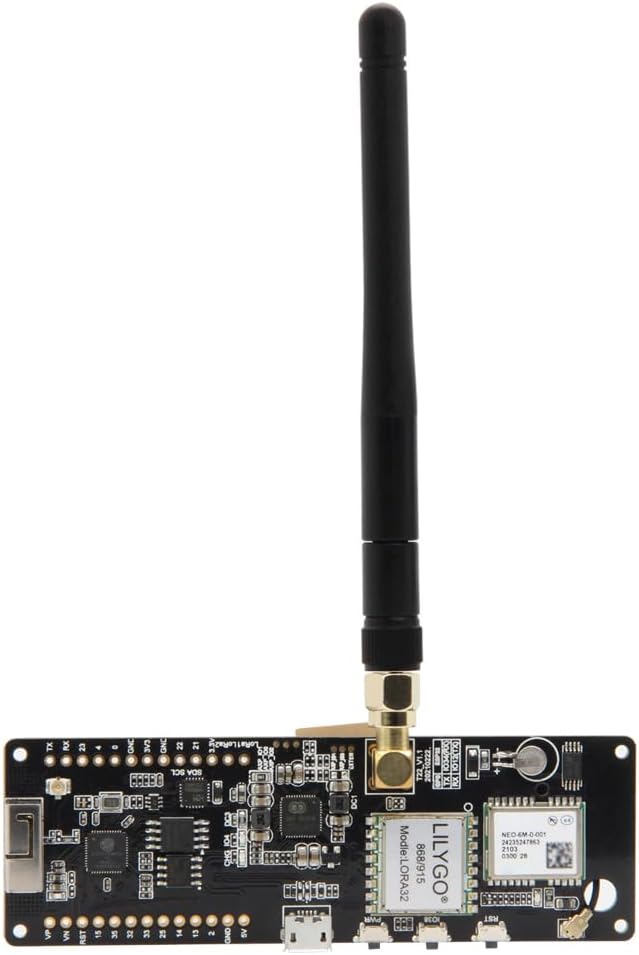 LILYGO T-Beam V1.2 board with LoRa antenna attached