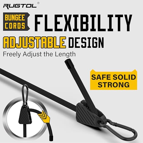 Image of Upgraded Adjustable Bungee Cords with Hooks, 6 Pack Heavy Duty Outdoor Carabiner Bungee Cord, Black Super Elastic Bungee Straps Easily Adjust from 7 inch to 24 inch, Great for Cargo, Camping, Bike Racks, Tent