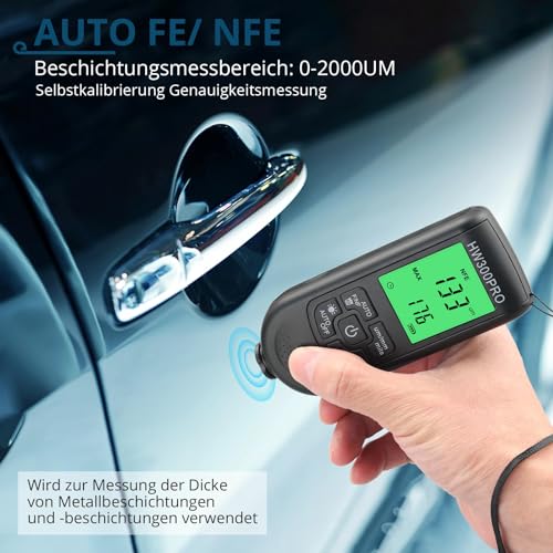 ALLmeter Lackschichtdickenmessgerät mit LCD-Anzeige, FE/NFE Automatische Erkennung, 0–2000 µm, µm/mm/mils, Speicherfunktion, für Fahrzeuglack & Metallbeschichtungen
