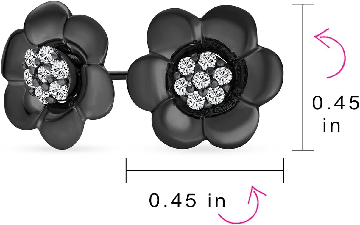2 In 1 Removable Jackets Simple Danity Pave CZ Stud Center with Petal Flower Jacket Rose Stud Earrings For Women Teen Rose Gold Plated Black .925 Sterling Silver