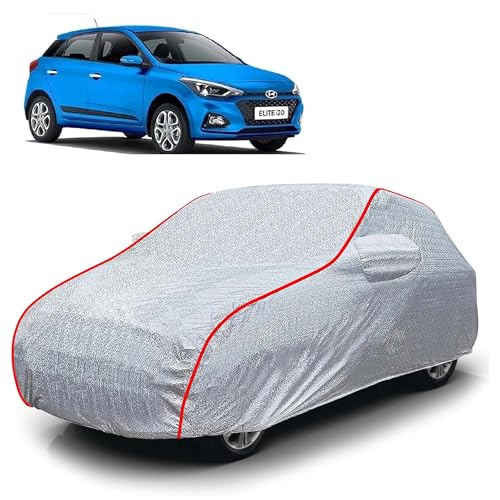Image of Sulfar 100% Waterproof Car Body Cover Compatible with Mirror for Hyundai Elite i20 (Triple Stitched, Full Bottom Elastic, Magic Silver with Red Piping)
