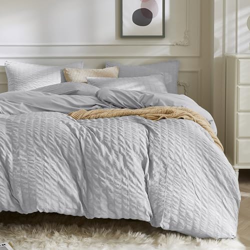 Image of JELLYMONI Light Grey Duvet Cover King Size, 3pcs Washed Microfiber Bedding Set, Soft Breathable Seersucker Duvet Cover Set with Zipper Closure and Corner Ties for All Seasons