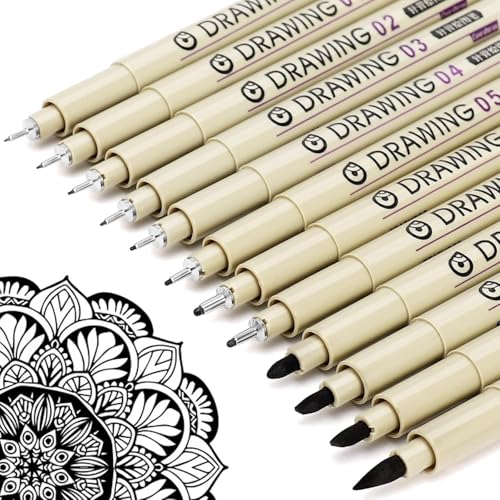 Image of 12 Pieces Black Fine Point Pens Set with Different Nib Sizes - Extra Fine Point Type for Calligraphy, Drawing, Writing, Designing, Comic, Waterproof & Quick Drying
