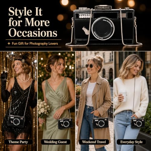 Image of QZUnique Women's Camera Shaped Casual Cross body Shoulder Handbag Purse | Novelty Whimsical Design, Funky Style with Punk and Retro Appeal, PU Leather,70S 90S Vintage Bag for Parties and Travel