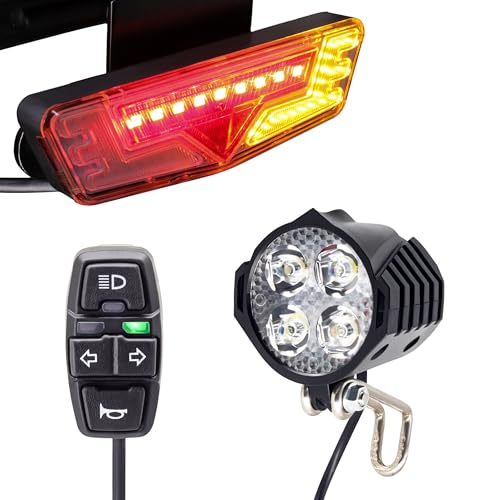 Kit de Luces Señalizadoras para EBike, Faro Delantero 400 Lúmenes, Luz Trasera con Espaciado de Agujeros de 80mm (Soporte de Montaje para Agujeros de Rack de 50mm), Interruptor en Manubrio, para Bicicleta Eléctrica y Scooter 12V-48V
