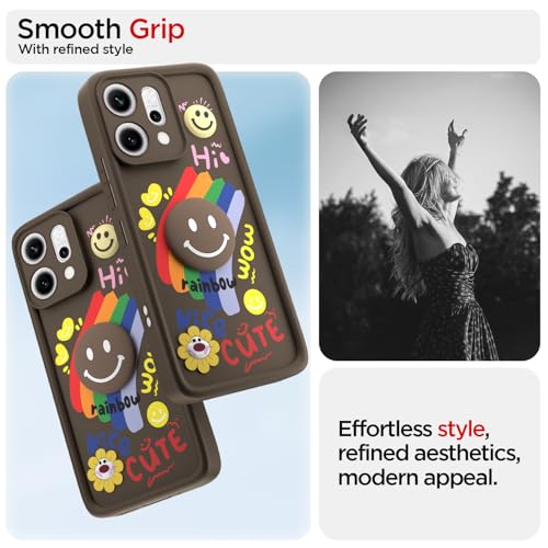 Image of Pikkme Back Cover for Oppo Reno 14 Pro 5G | Soft Silicone| Cute Rainbow Smile & 3D Cartoon Flower Design | Shockproof Raised Camera Protection Bumper Case (Brown)