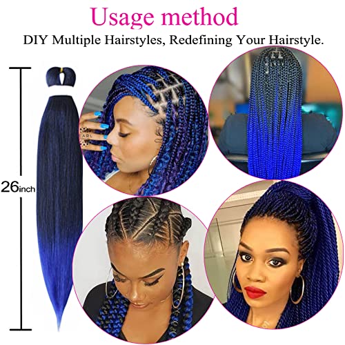 Pre Stretched Braiding Hair, 26 Inch 3 Packs Blue Kanekalon Braiding Hair Yaki Texture Low Temperature Synthetic Fiber Hot Water Setting, Braiding Hair For Twist Box Braids (3Packs 1B/Blue) #TOP3