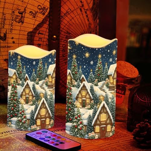 Image of Christmas Flameless Candles Set of 4 | Winter Village, Flameless Candles with Remote Control, Flickering LED Candles with Timer for cozy Christmas