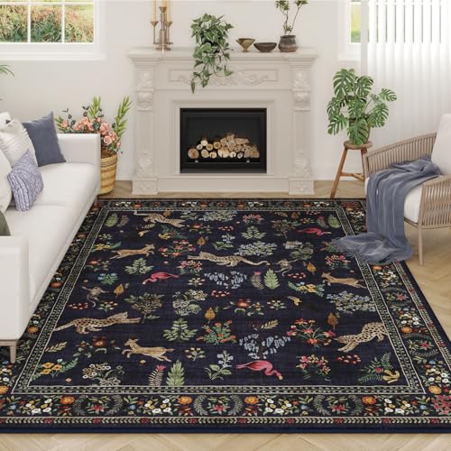 Living Room Rug 6x9 Rug Machine Washable Boho Area Rug Non Slip Floral Animal Vintage Low Pile Large Rug for Living Room, Bedroom, Farmhouse, Dining Room, Kids Playroom (Blue)