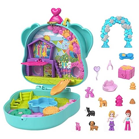 ​Polly Pocket Mini Toys, Doggy Birthday Bash Compact Playset with 2 Micro Dolls and 14 Accessories, Pocket World Travel Toys with Surprise Reveals, HKV30 Cover