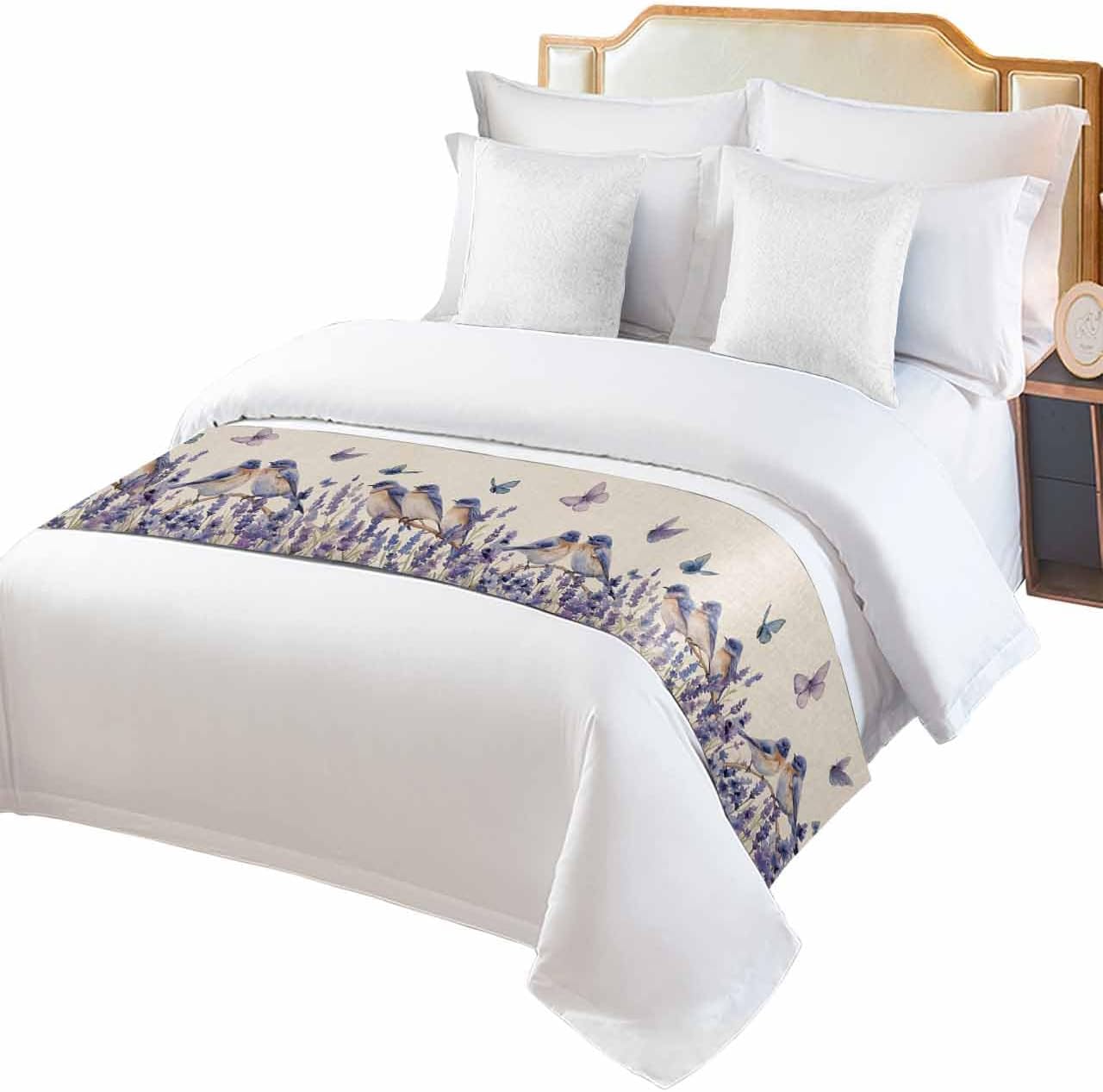 Lavender Birds Bed Runner Scarf Bedding Accessory for Full Size Bed,Soft Bed Scarves and Runners Stainproof Dustproof Bedroom Decor for Hotel Wedding Room,Purple Flower Floral Retro Botanical 83"x20"