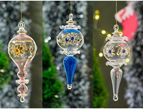 Pharaonic Vintage style Set of Three Glass ornaments for tree decorations emboss with 14K Gold | summer decorations for home | Xmas tree decorative ornaments | decorating gifts | hanging ornaments
