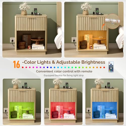 Image of VINGLI Nightstand with Charging Station, LED Nightstand Fluted with Rounded Edge, 19 inch W Mid Century Modern Night Stand for Bedroom, Fluted Bed Side Table, Oak, 18.9 inch W*15 inch D*22.4 inch H