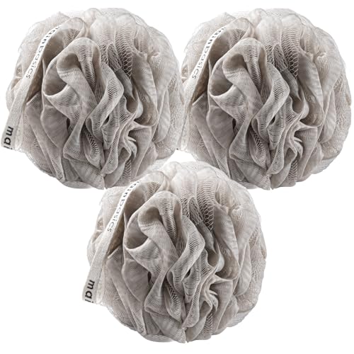 Image of MainBasics Shower Loofah Sponge Pouf, Set of 3, Totally Taupe | Soft Mesh Body Scrubber and Bath Sponge for Gentle Exfoliation, Rich Lather, and Everyday Shower Use