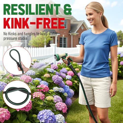 Image of Garden Hose 100 ft x 5 /8 inch with Nozzle, Water Hose Heavy Duty Flexible, Lightweight Kink-less Hybrid Hose with Swivel Handle, Male to Female Fittings (Green, 100FT)