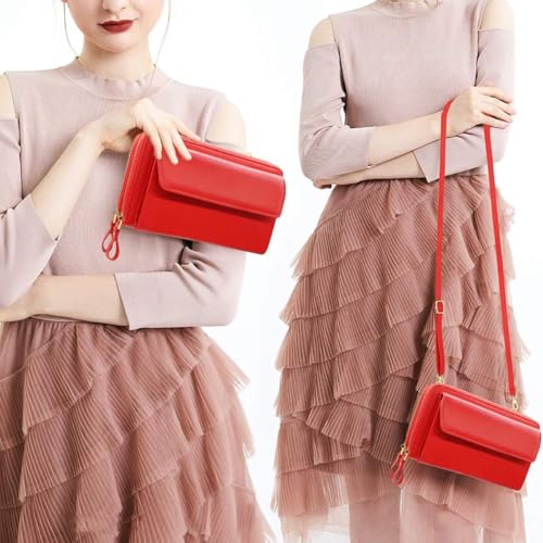 Image of Women Leather Wallet Crossbody Shoulder Bag with Double Zipper and Mobile Phone Purse with Shoulder Strap
