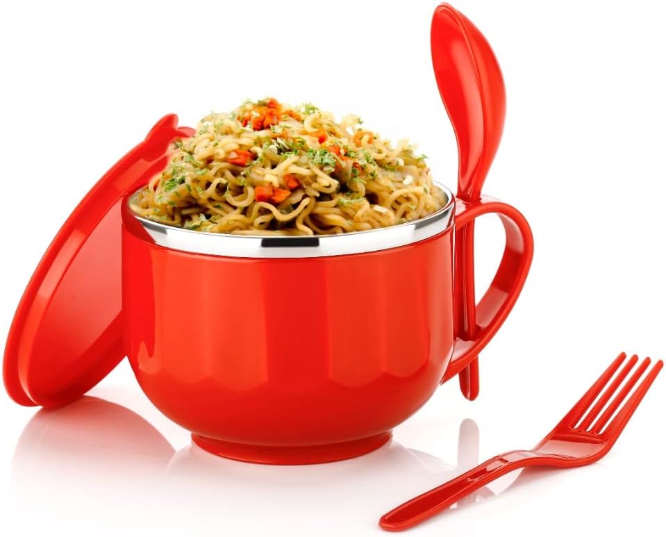 JOEN HAYDEN Multi-Purpose Stainless Steel Maggie-Noodle Bowl with Lid, Handle, Fork & Spoon, Tableware Pasta, Soup, Rice, Fruit, Snack Food Container Mug Bowl for Kitchen, School, Office, Picnic.