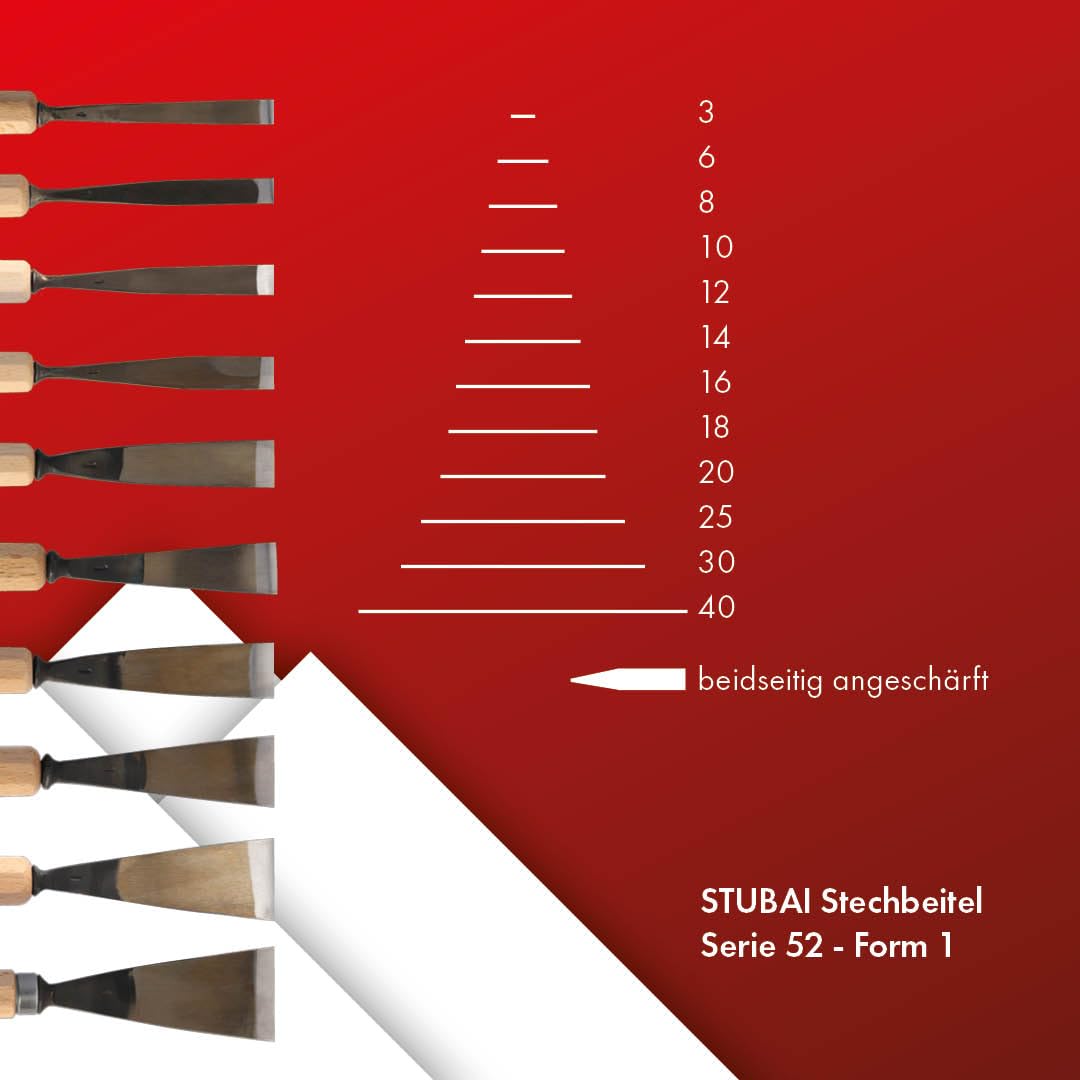 STUBAI-gerades Balleisen 22 mm | Serie 52 | Stich 1 | beidseitiger Schliff | Für glatte Flächen, zum Vorstechen, Kerb- und Reliefschnitzarbeiten.