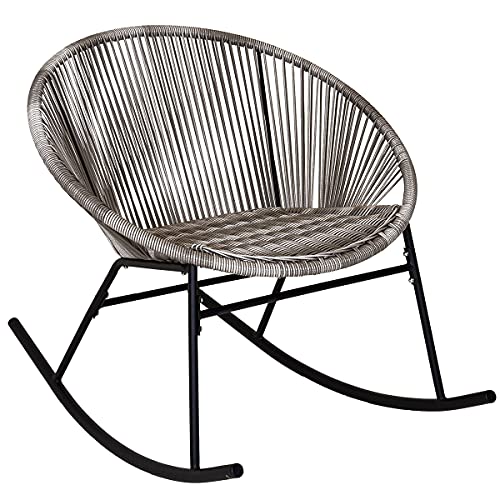 CHARLES BENTLEY Zanzibar Rocking Chair, Grey PE Rattan String Seat, Furniture, Indoor, Outdoor, Patio, Balcony, Steel Frame, Grey Woven Wicker, Lightweight, Black Powder Coating, For One (74x77x72cm)