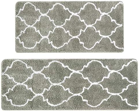 Kitchen Rug Set, LEEVAN Moroccan Kitchen Comfort Mat Super Soft Rug Microfiber Area Runner Rugs Non-Slip Backing Washable Bathroom Rug Shower Floor Mat Set of 2 Pcs