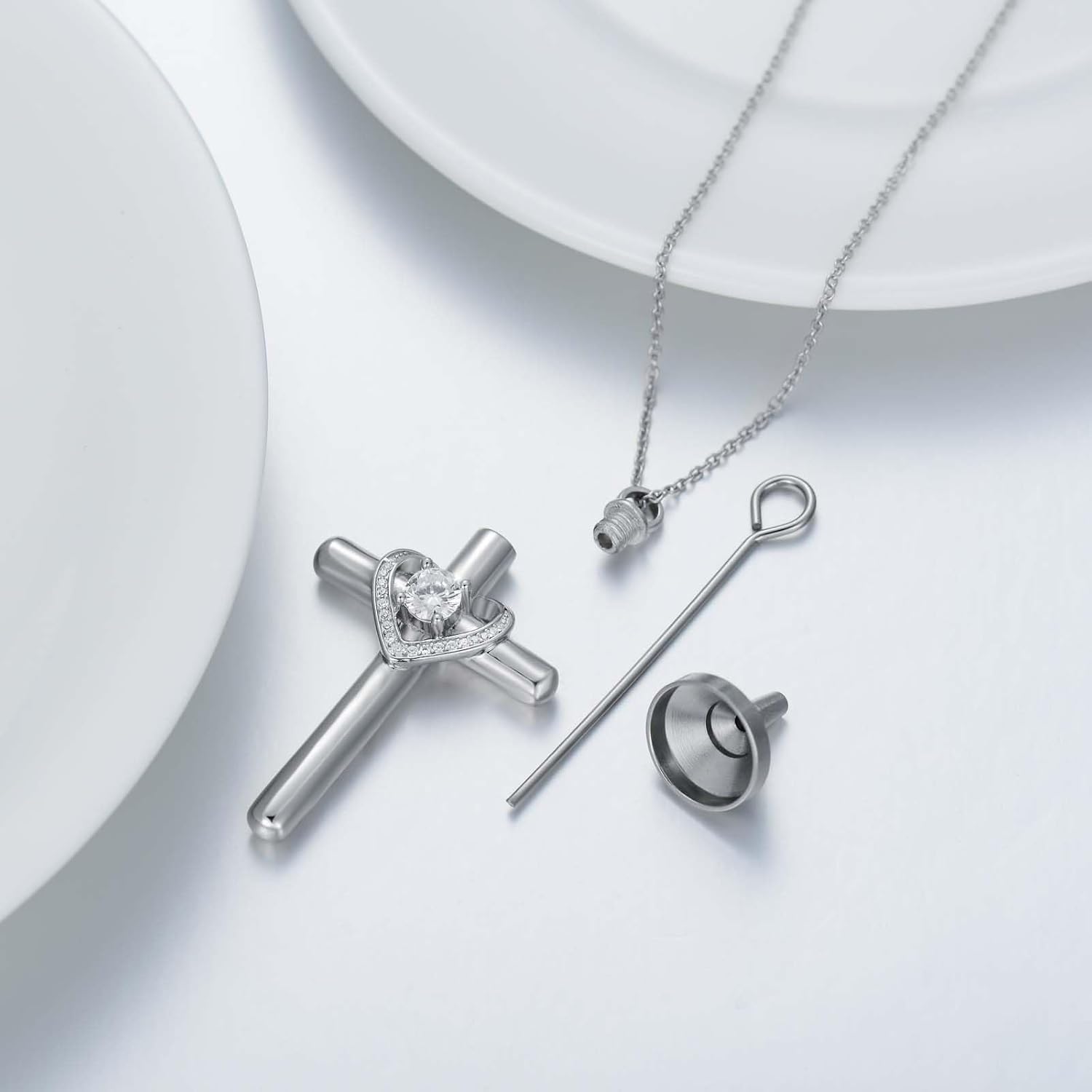 AOBOCO Cross Necklace for Ashes, Sterling Silver Birthstone Cross Urn Necklaces for Ashes Embellished with Crystals from Austria Keepsake Cremation Jewelry for Pet Human Ashes - Image 2