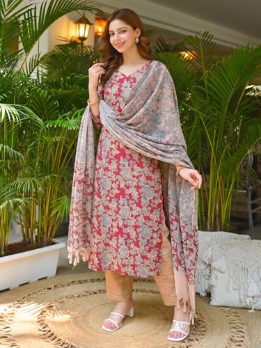 Image of ANNI Designer Cotton Blend Printed Straight Kurta with Pant and Dupatta for Women | Cotton Blend Pink | 3 /4 Sleeve | V-Neck | Ethnic Wear Casual Wear
