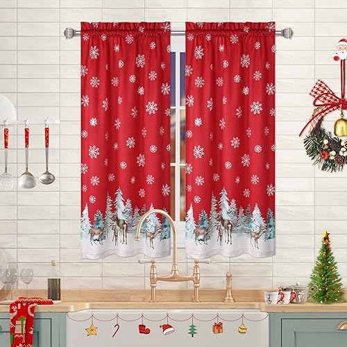 ROYGROW Christmas Velvet Kitchen Curtain Christmas Decoration Cafe Curtain 45 Inch Tier Curtains Window Treatment Rod Pocket for Home Decor 2 Panels for Bathroom, Living Room Christmas Decoration