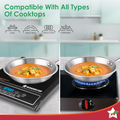 Image of Wonderchef Stella Triply Stainless Steel Cookware Set | 3 Pcs. | Fry Pan 22 cm, Kadhai 22 cm + Lid | for Gas Stove, Induction, Ceramic Cooktop | Uniform Heating | Heavy-Duty Handle | 10-Year Warranty