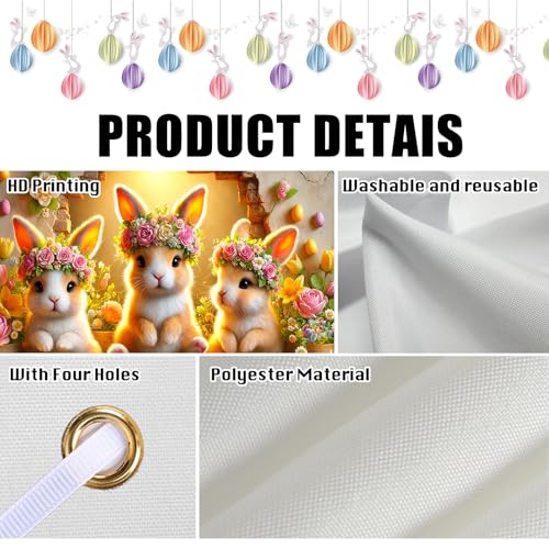 Image of Nuxovilar 43x70 inch Bunny Trio Flowers Easter Banner | Playful bunny trio and floral Easter backdrop for home decor and spring festivity.